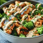 grilled chicken and broccoli bowls with creamy garlic sauce