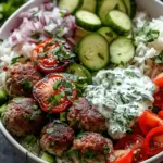Greek Meatball Bowl with Tzatziki Rice and Fresh Veggies