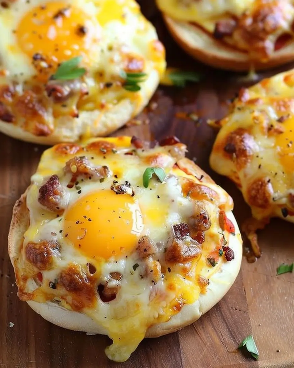 English Muffin Breakfast Pizza with Turkey Bacon and Chicken Ham