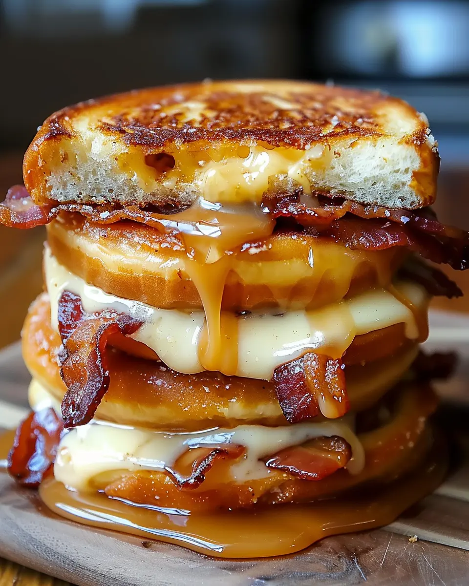 Donut Grilled Cheese Delight with Turkey Bacon and Maple Drizzle