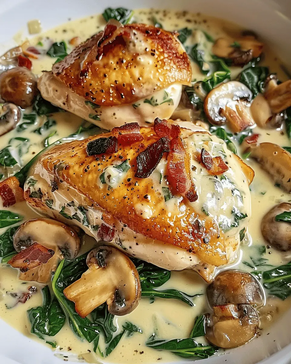 Smothered Chicken: Indulgent Creamed Spinach, Turkey Bacon, & Mushrooms