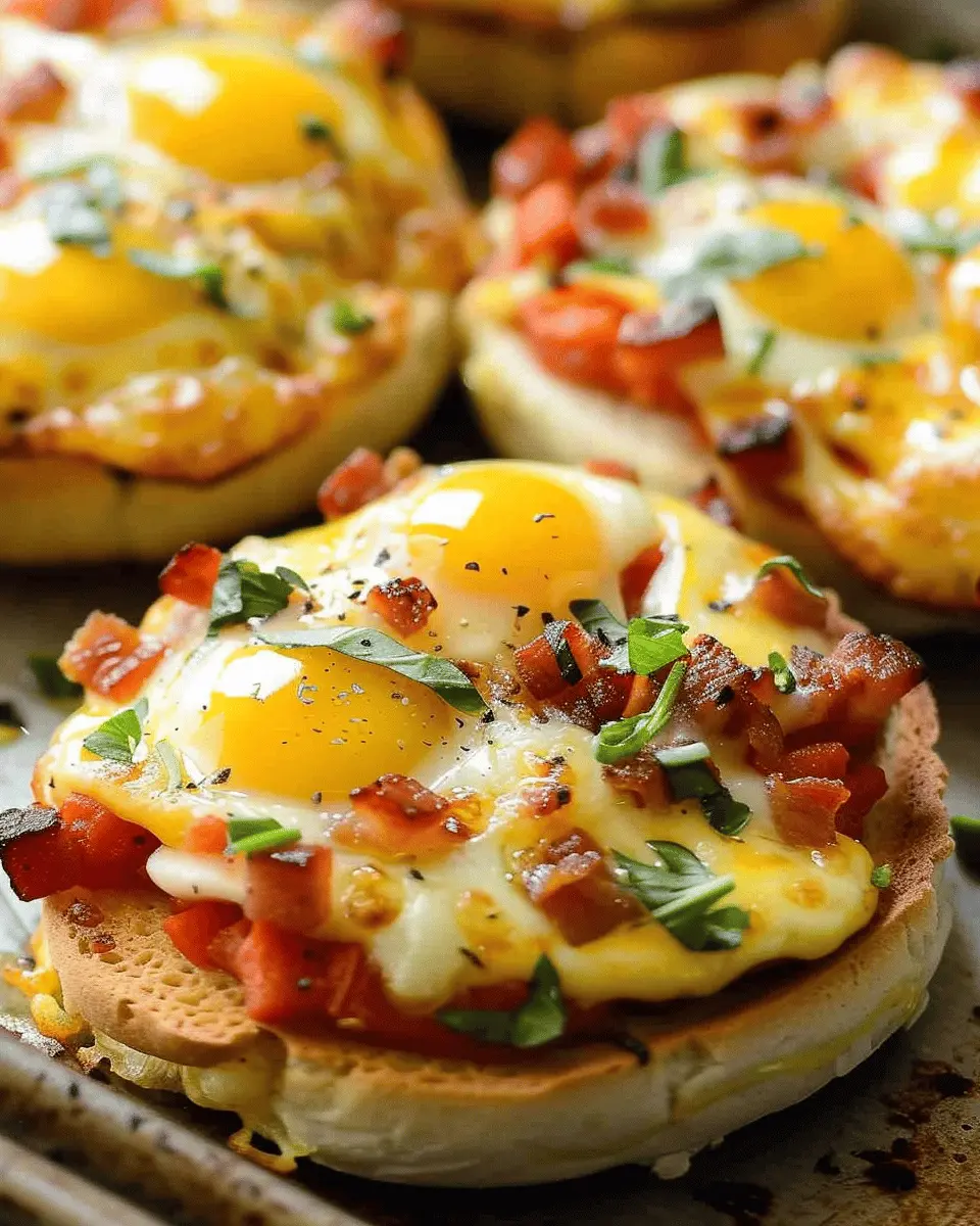 English Muffin Breakfast Pizzas with Turkey Bacon and Chicken Ham