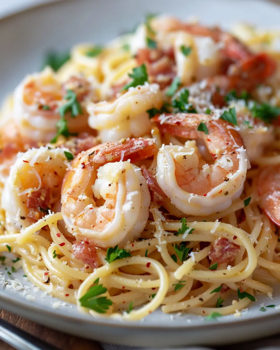 Shrimp Carbonara: Easy Recipe with Turkey Bacon and Chicken Ham