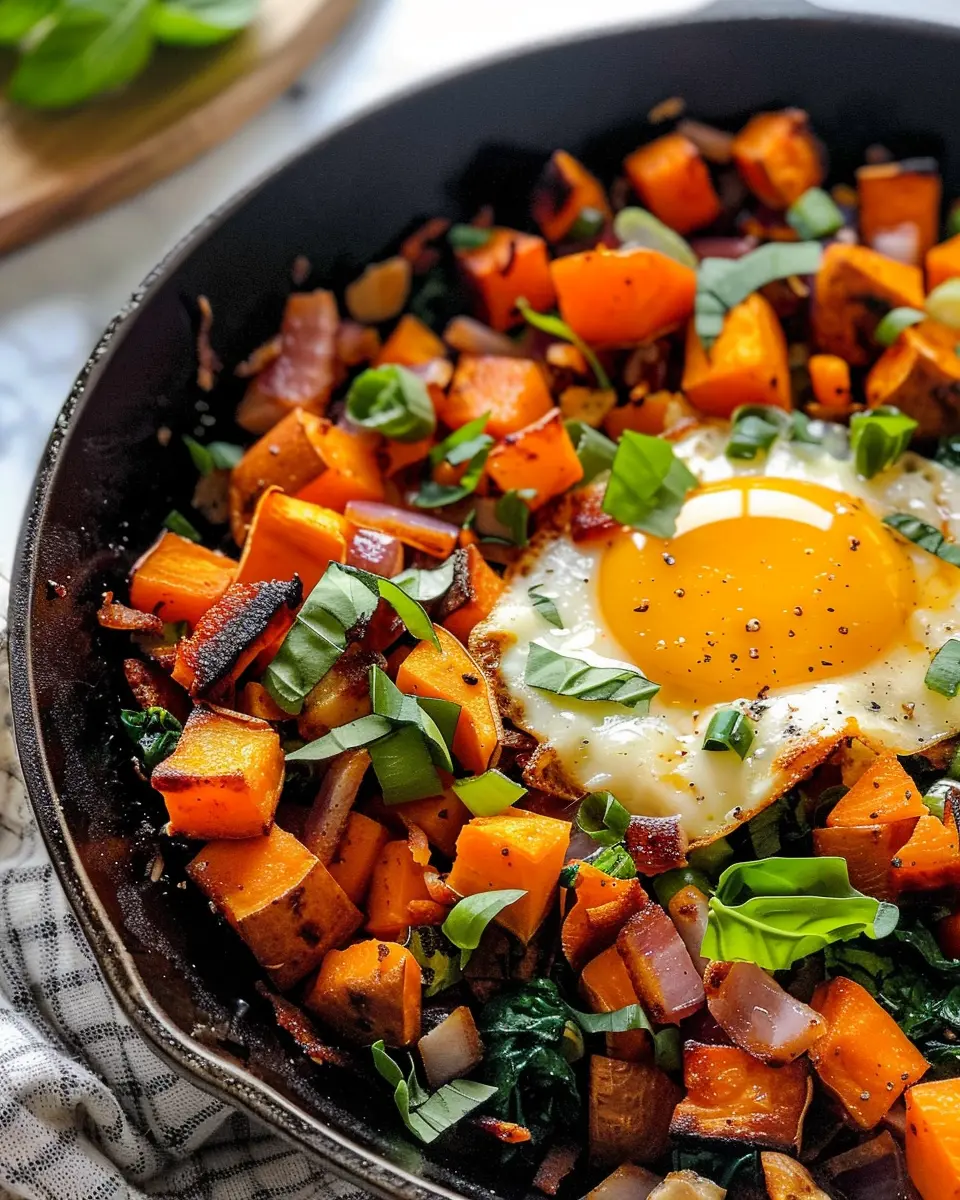 Sweet Potato Breakfast Hash with Turkey Bacon and Chicken Ham